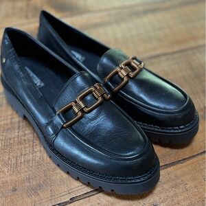 Pikolinos Womens Black Leather Aviles Platform Loafers Brass Chain Size 41